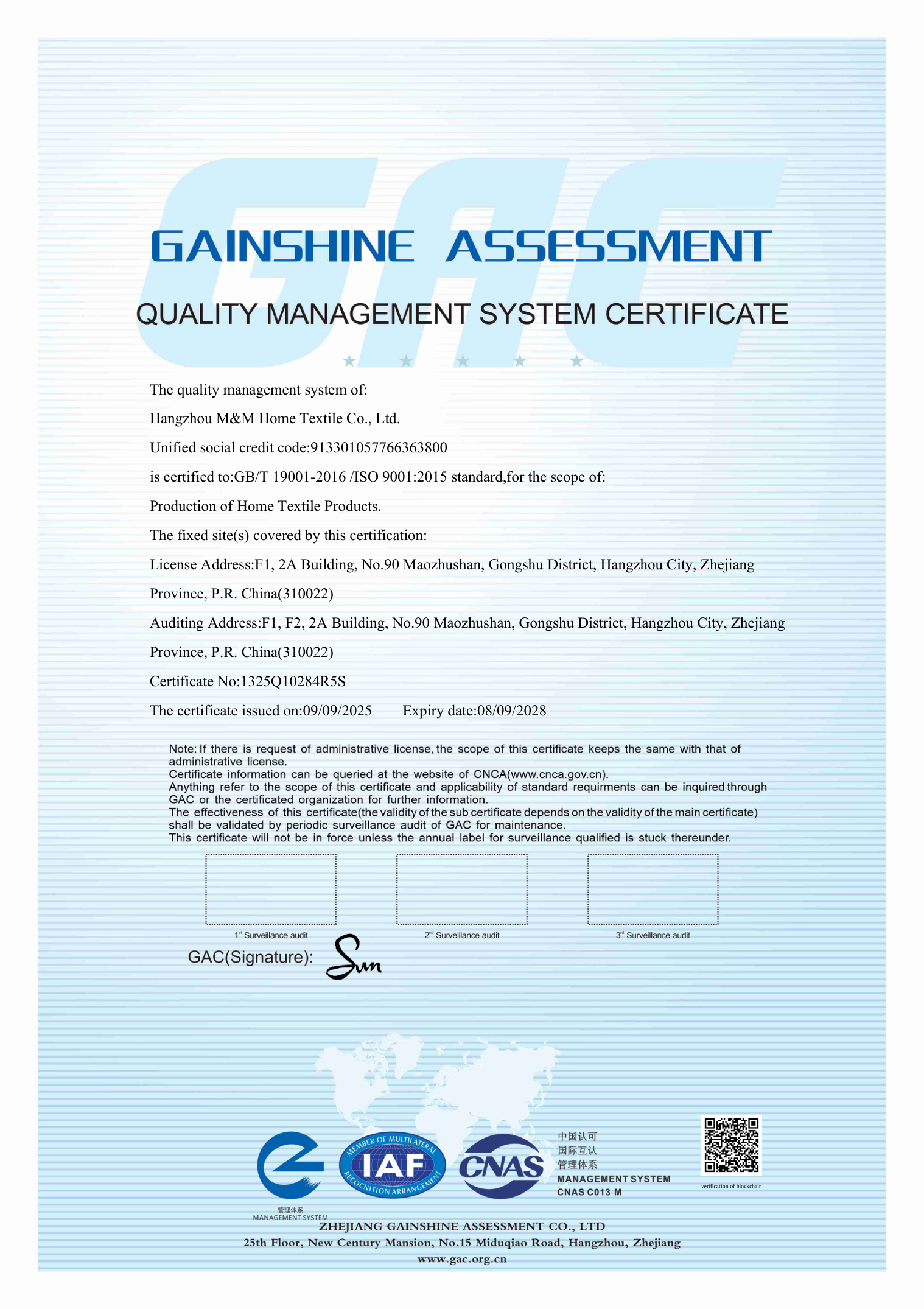 ISO 9001:2015 certificate issued to Hangzhou M&M Home Textile Co., Ltd., certificate number 1325Q10284R5S, valid to 8 September 2028