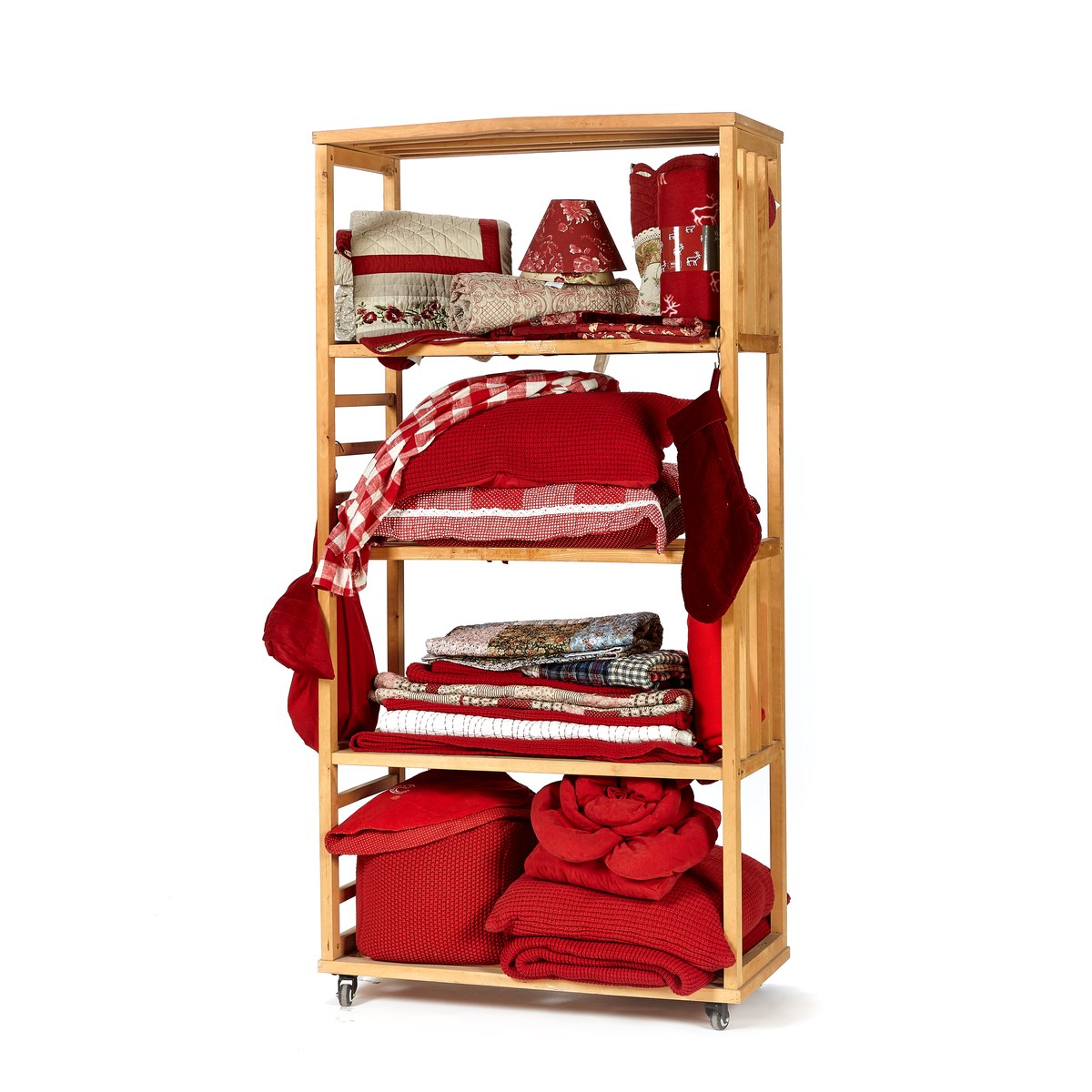 Red bedding collection, display rack